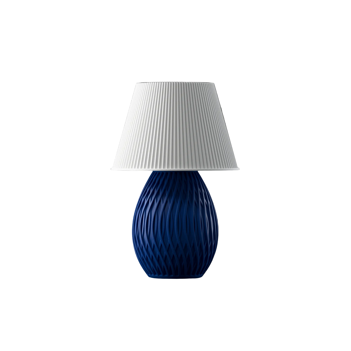 Ribbed navy blue lamp base paired with classic white pleated shade
