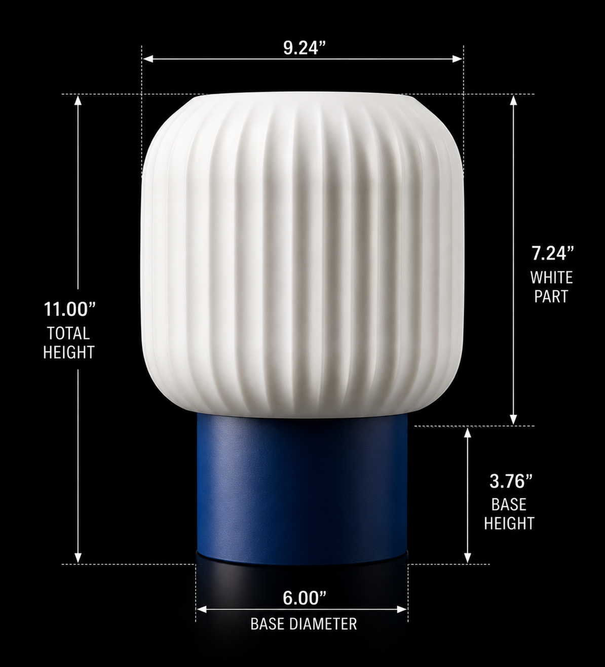 Measurement chart of a white and blue cylindrical object with dimensions labeled.