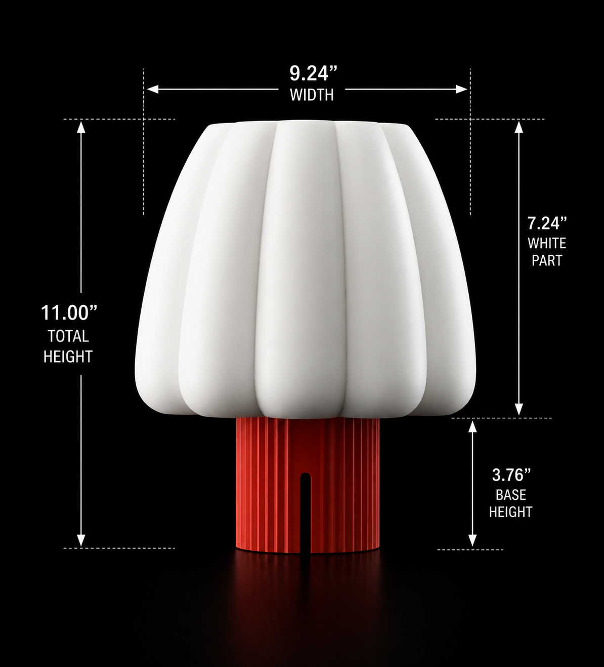 White lamp with red base and dimensions labeled on a black background