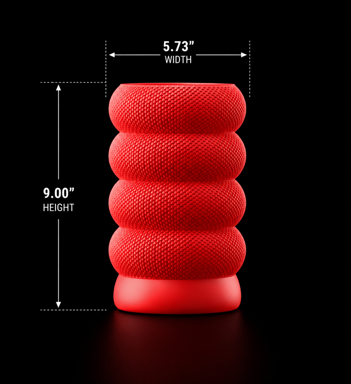 Red mesh textured cylindrical lamp with measurements on a black background