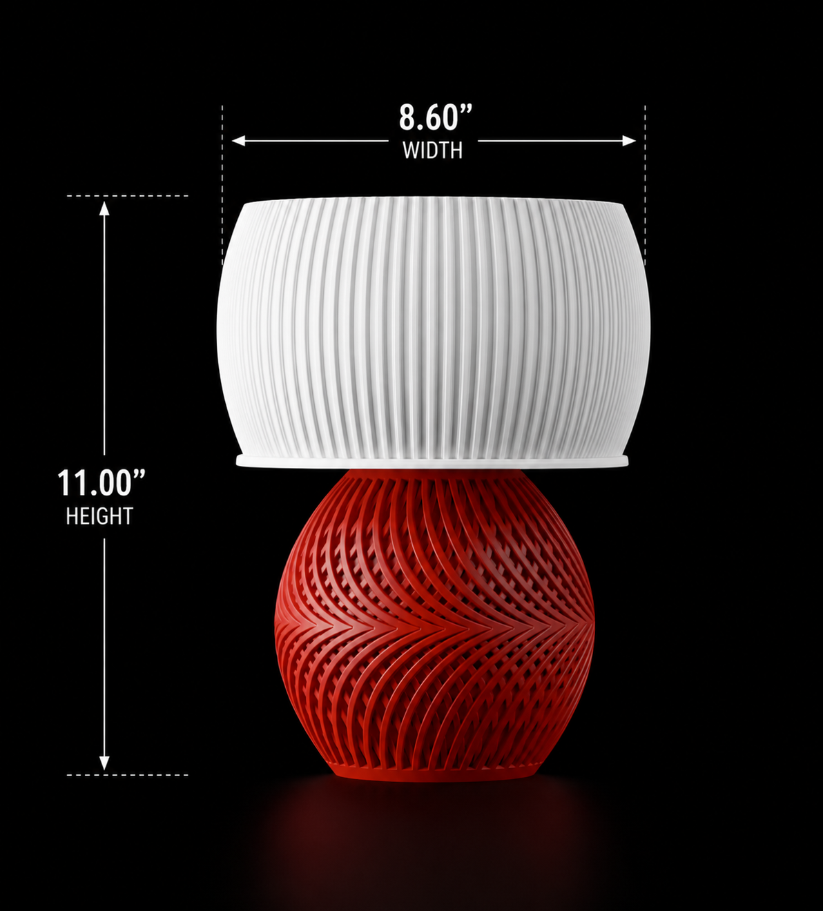 White and red textured table lamp with measurements on a black background