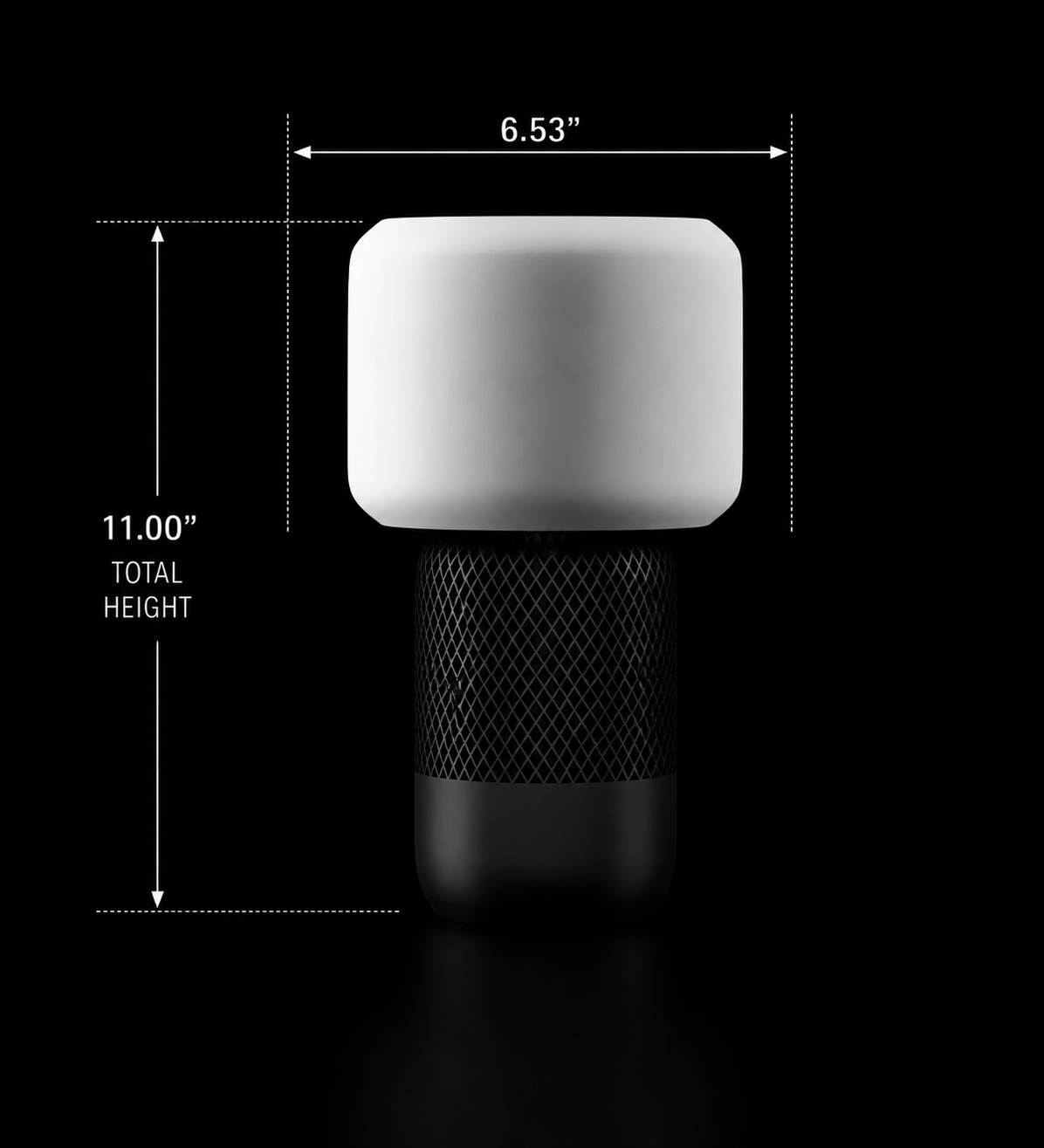 Measurement chart of a white cylindrical object with dimensions on a black background