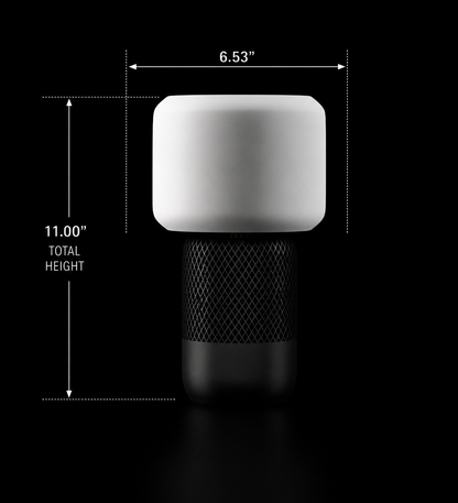Measurement chart of a white cylindrical object with dimensions on a black background