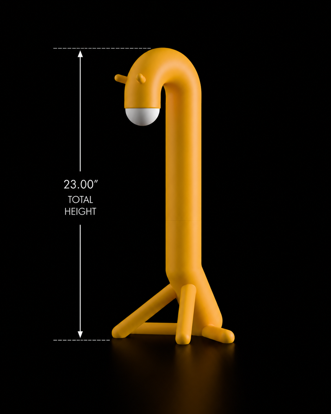Yellow giraffe-shaped lamp with measurements on a black background