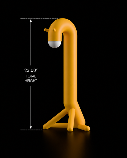 Yellow giraffe-shaped lamp with measurements on a black background