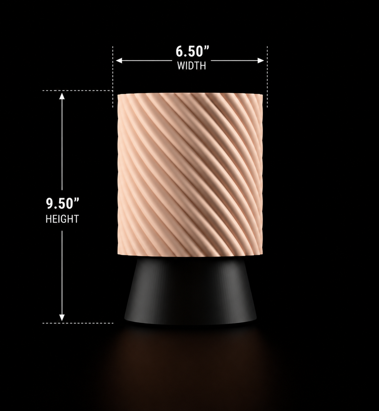 Beige textured cylindrical lamp with dimensions labeled on a black background