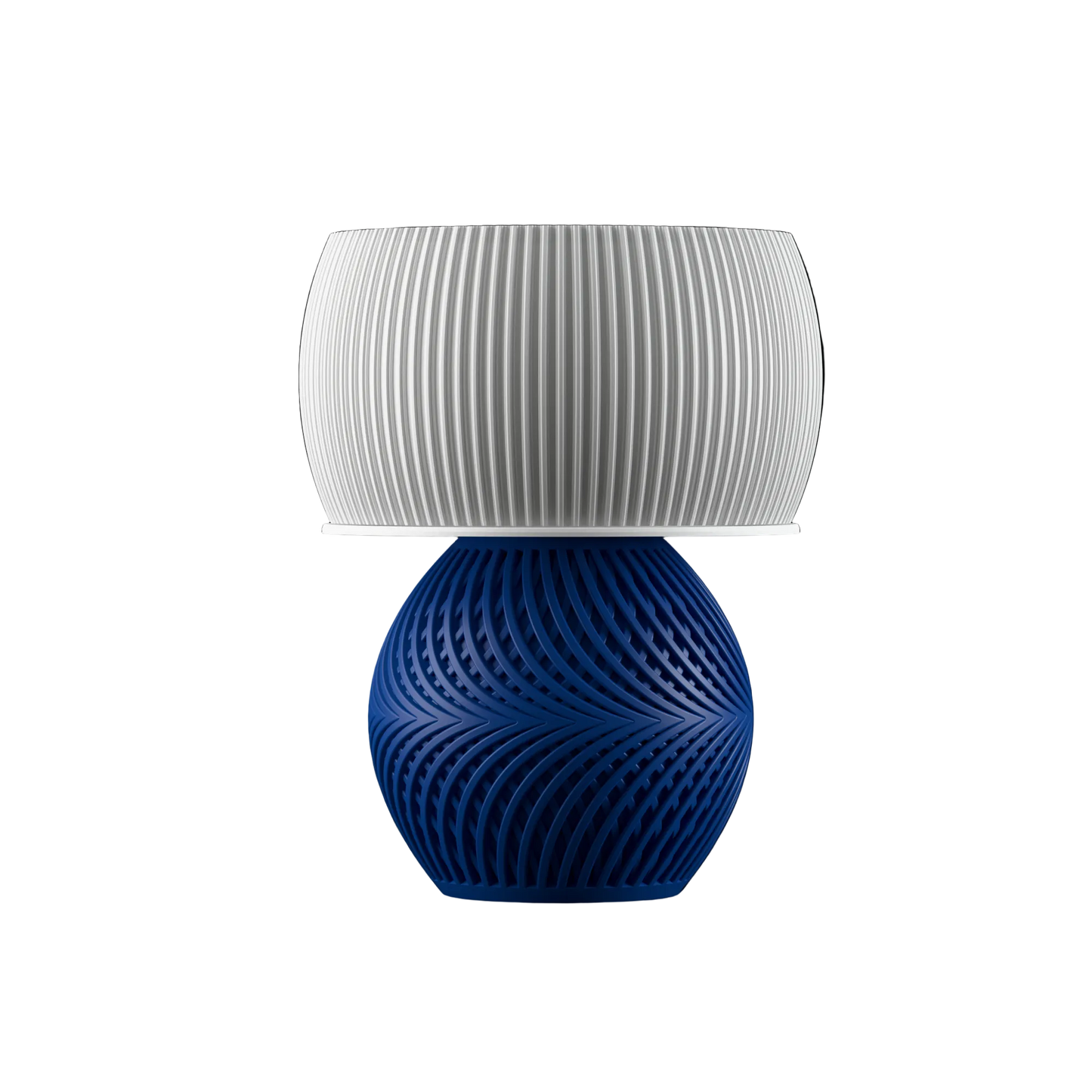 Helix modern 3D printed table lamp with blue spiral base and white shade for bedroom, bedside and living room decor.
