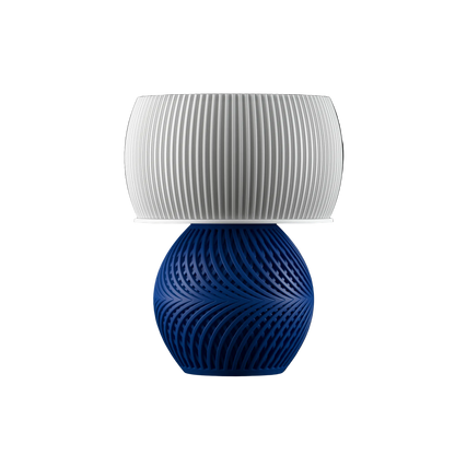 Helix modern 3D printed table lamp with blue spiral base and white shade for bedroom, bedside and living room decor.