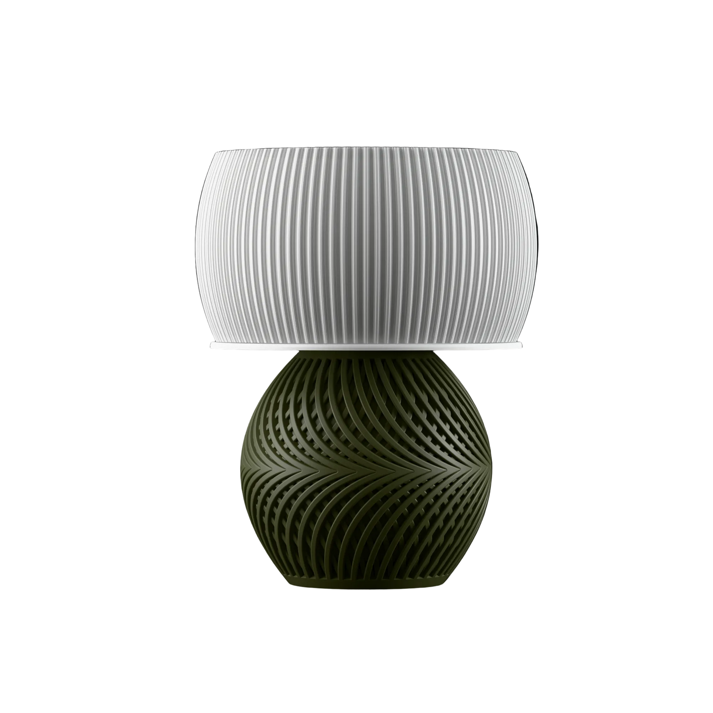 Modern ribbed table lamp with white fluted shade and green swirl ceramic base