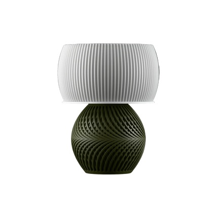 Modern ribbed table lamp with white fluted shade and green swirl ceramic base