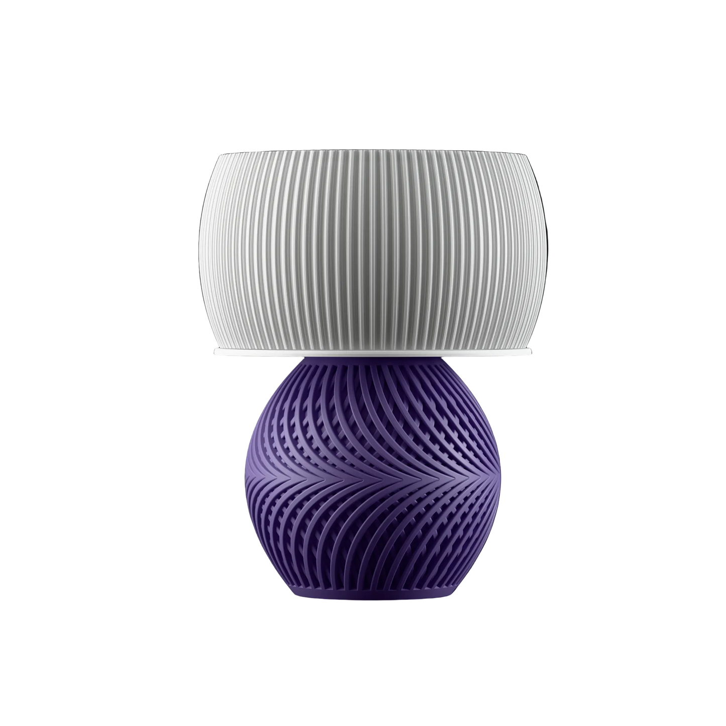Table lamp with a textured white shade and purple base.