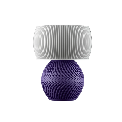Table lamp with a textured white shade and purple base.