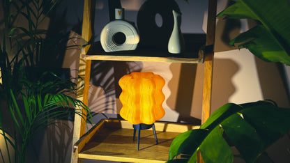 Orange lamp on a wooden shelf with plants and a blurred background