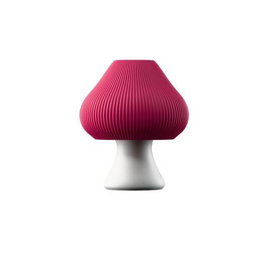 Mushlume Lamp - mushroom-shaped pink ribbed dome shade with white curved base