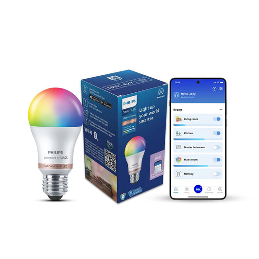 Philips Smart WiZ E27 10W RGB LED bulb with WiFi app control and full color lighting.
