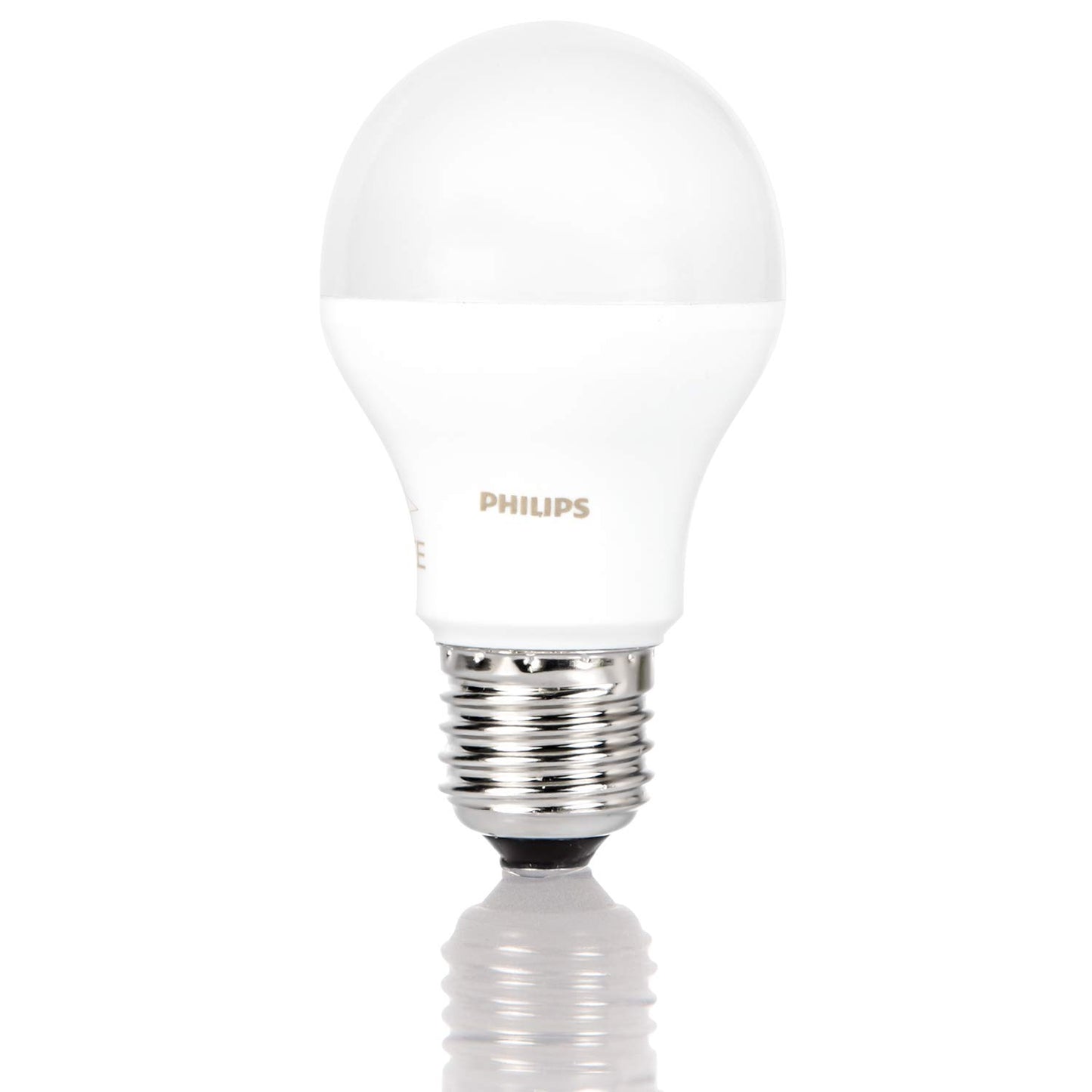 A Philips A19 LED light bulb with a frosted white glass globe and a silver-colored screw base.