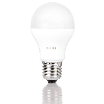 A Philips A19 LED light bulb with a frosted white glass globe and a silver-colored screw base.