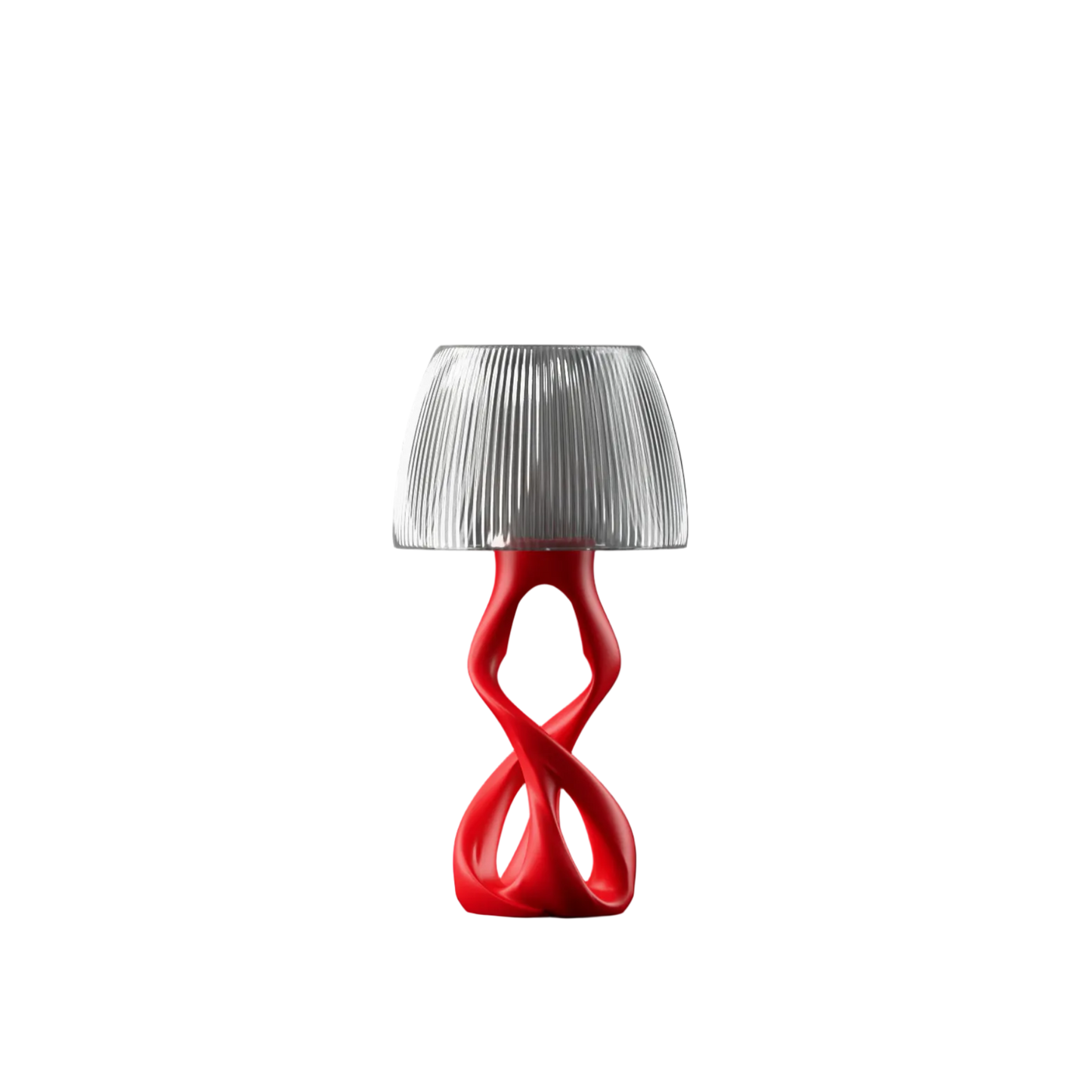 Modern table lamp with a red base and translucent shade on a white background