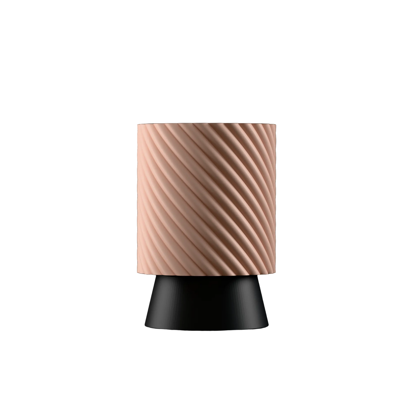 Table lamp with a peach textured shade and black base on a white background