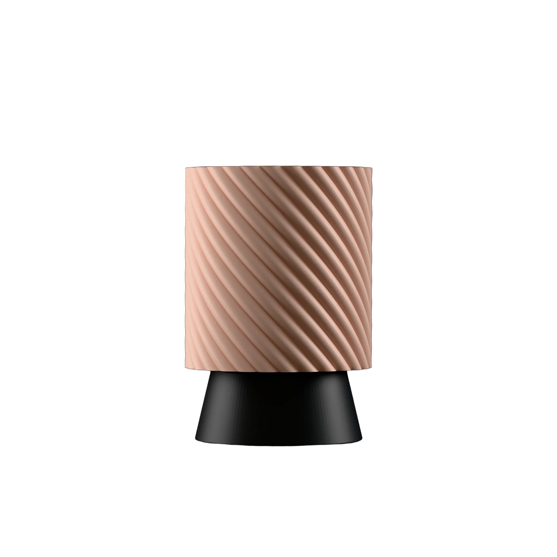 Table lamp with a peach textured shade and black base on a white background