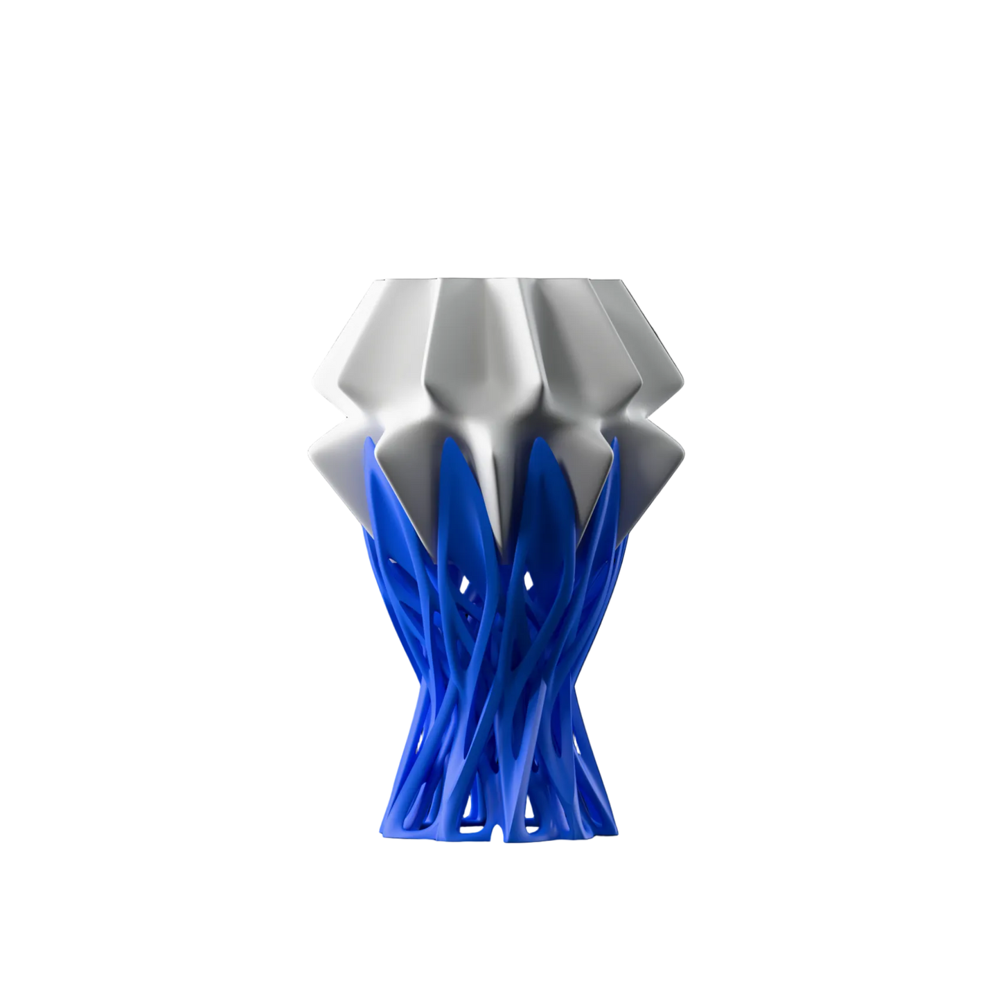 3D-printed lamp with blue filament on a white background