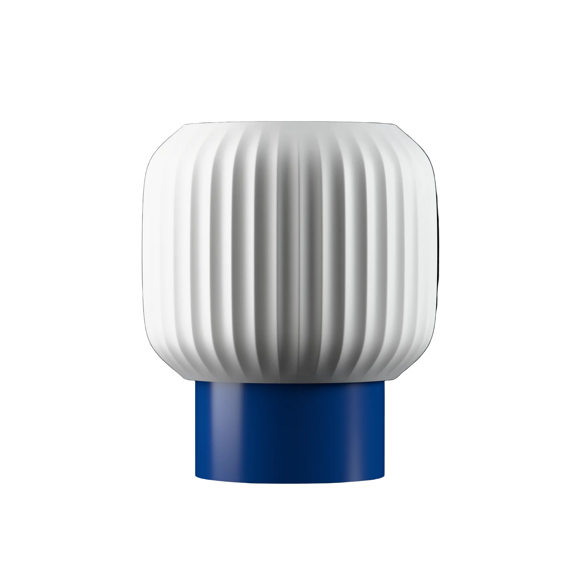 White fluted table lamp with navy blue base, modern rounded design