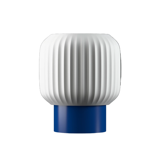 White fluted table lamp with navy blue base, modern rounded design