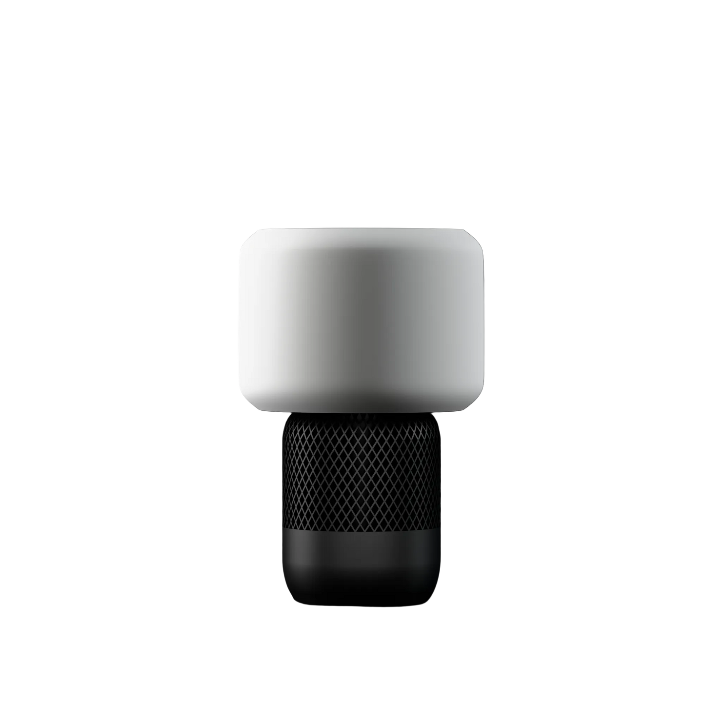 Modern cylindrical table lamp with white top and black mesh speaker-style base
