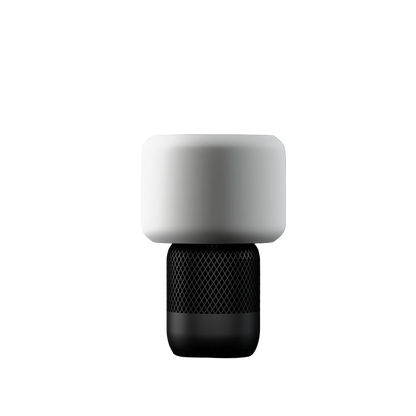 Modern cylindrical table lamp with white top and black mesh speaker-style base