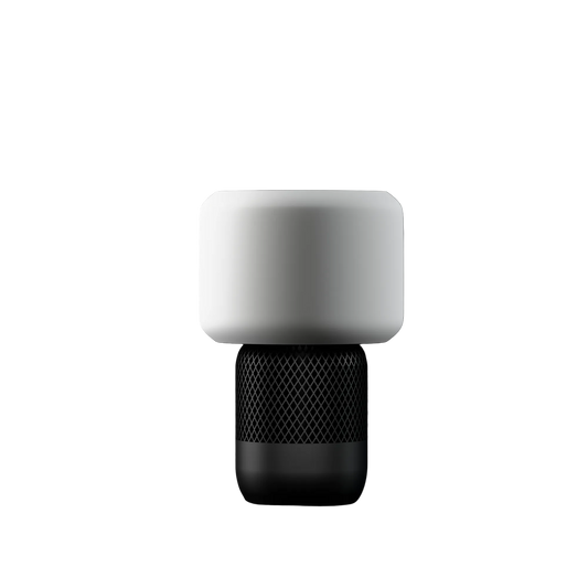 Modern cylindrical table lamp with white top and black mesh speaker-style base