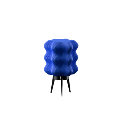 Rechargeable table lamp, blue wavy textured shade, modern tripod base